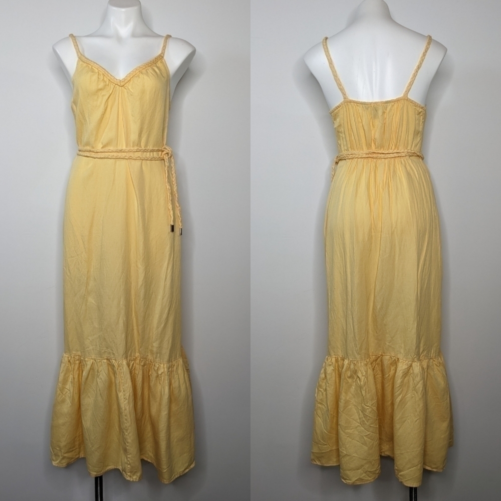 WHBM yellow spaghetti strap v neck braided belt sun dress S